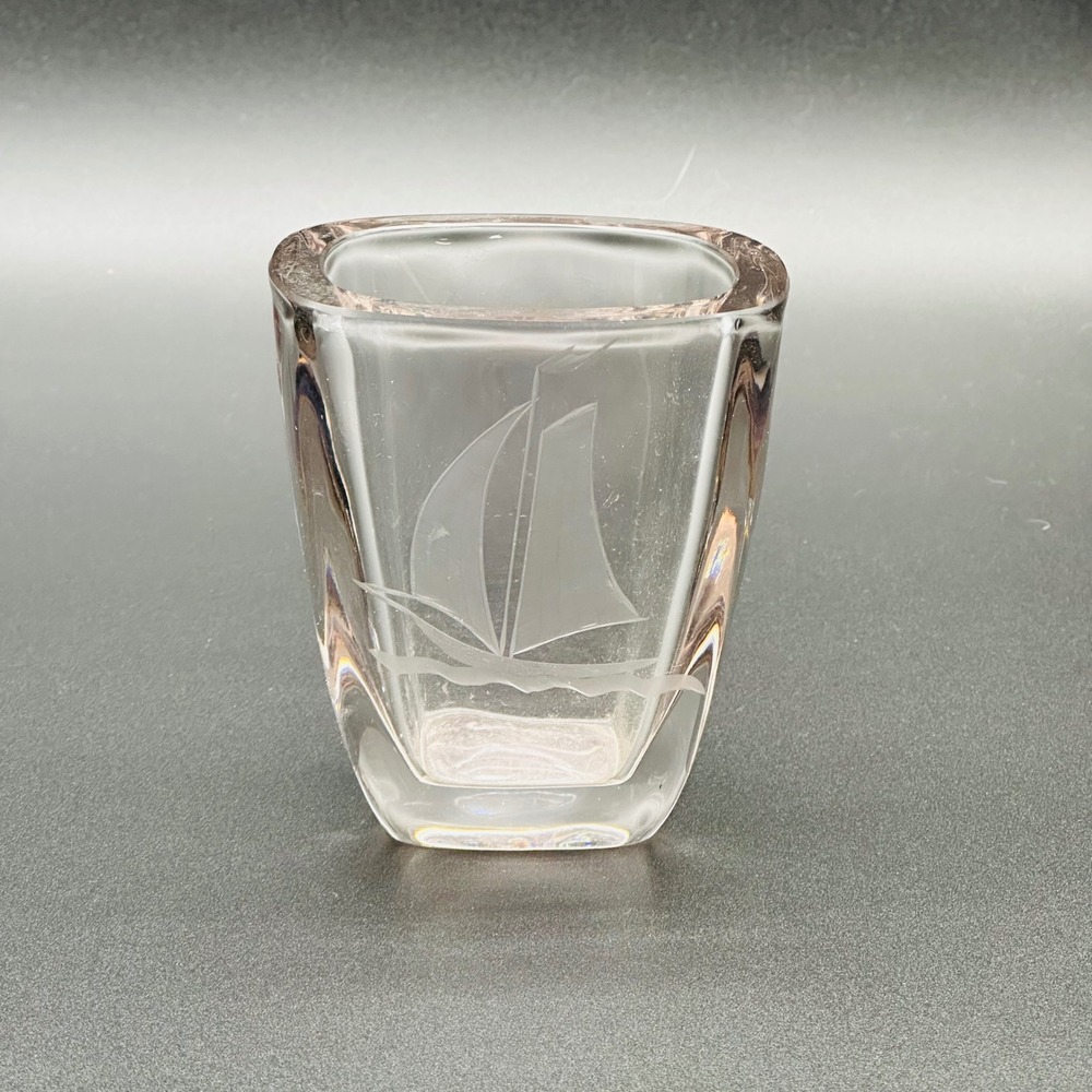 Vintage Strombergshyttan Etched Sailboat Clear Crystal Vase Nautical Coastal